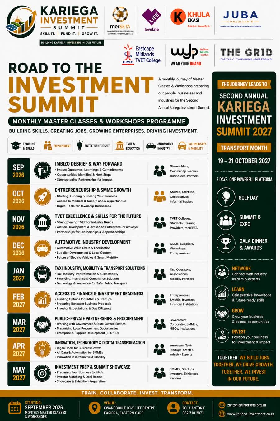 Road to the Investment Summit poster: monthly master classes from September 2026 to May 2027 at the KwaNobuhle Love Life Centre, leading to the Second Annual Kariega Investment Summit, 19–21 October 2027